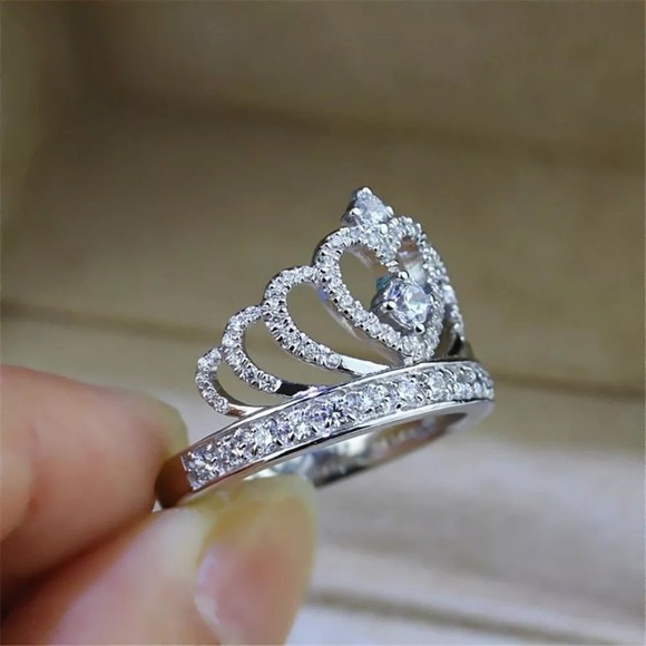 White Sapphire & Crown Birthstone Silver Ring - Picture 4 of 5